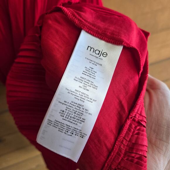 Maje Sateen Skirt Jonette Red Pleated Midi Small Ruffle Tulip Hem Feminine Flowy - Picture 6 of 6